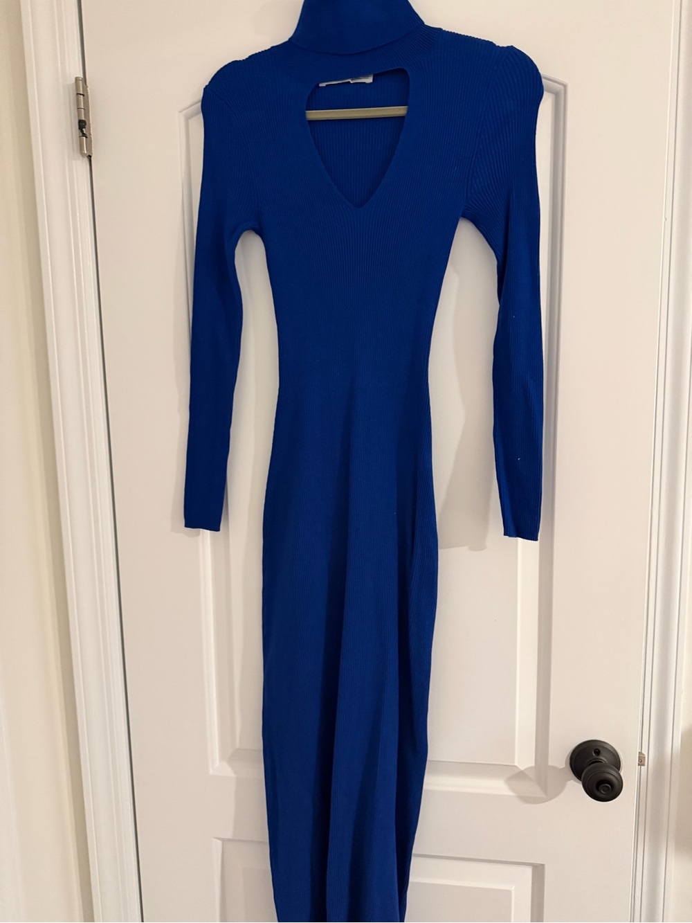 Zara Royal Blue Ribbed Midi Dress with V-Cut Turtleneck